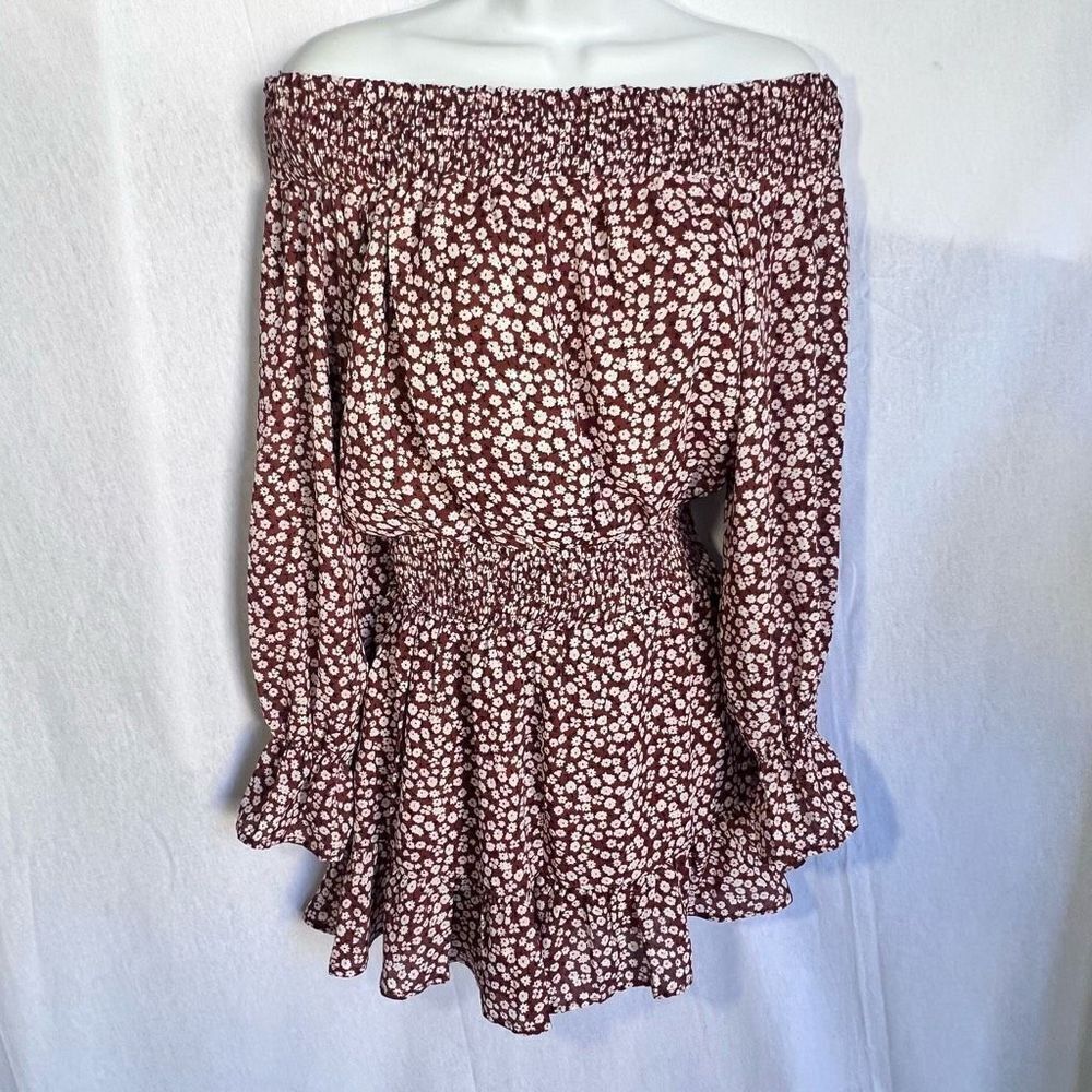 Falling Love Women's Brown Off The Shoulder Ruffle Cinched Waist Romper Size Sma - Picture 2 of 8